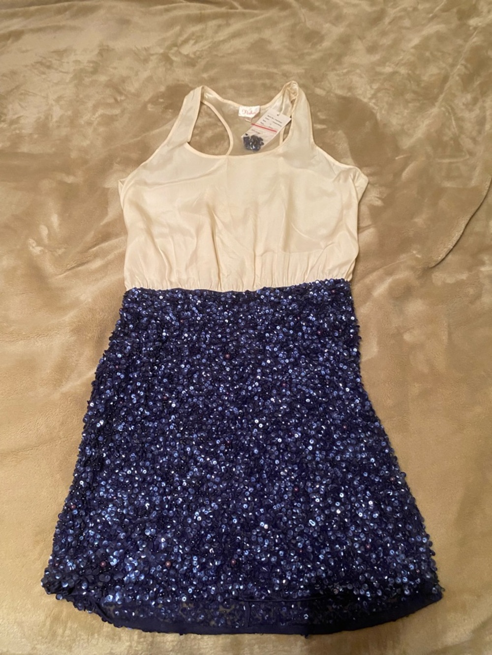 Parker Silk and Sequin White/Navy Racerback  Dress